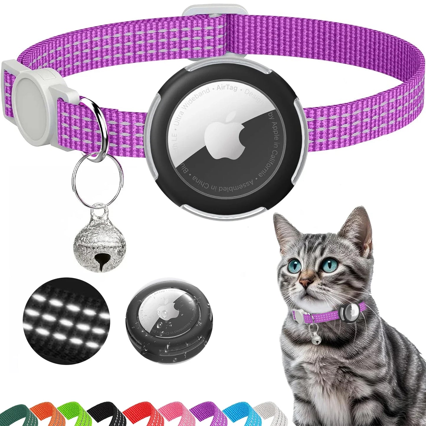 Airtag Cat Collar Breakaway, Reflective Kitten Collar with Air Tag Case and Bell for Girl Boy Cats, 0.4 In in Width Lightweight