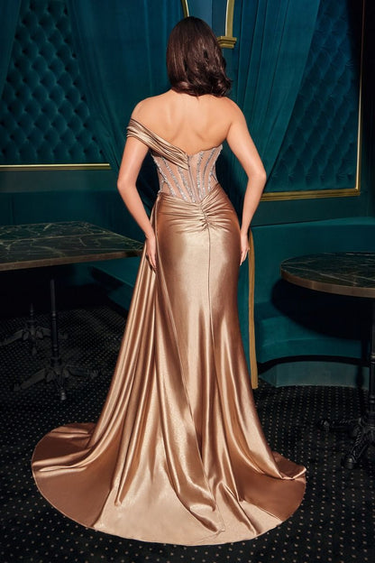 One-Shoulder Crystal Beaded Corset Gown with Satin Slit