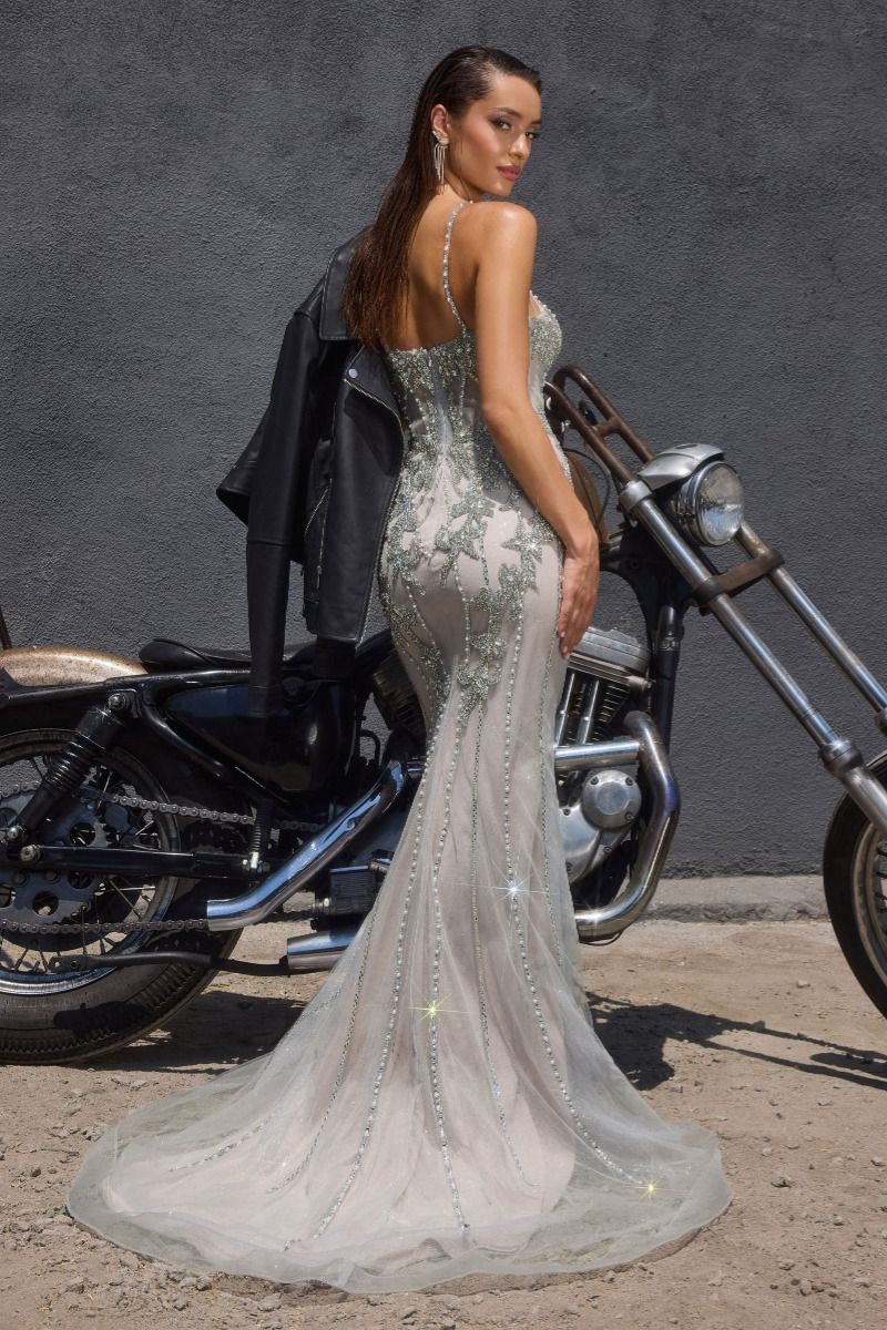Dazzling Rhinestone Mermaid Evening Gown with Spaghetti Straps | CR383