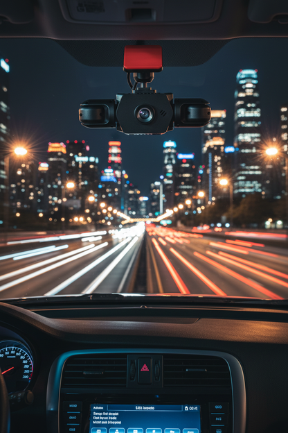 Dash cam mounted on windshield at night