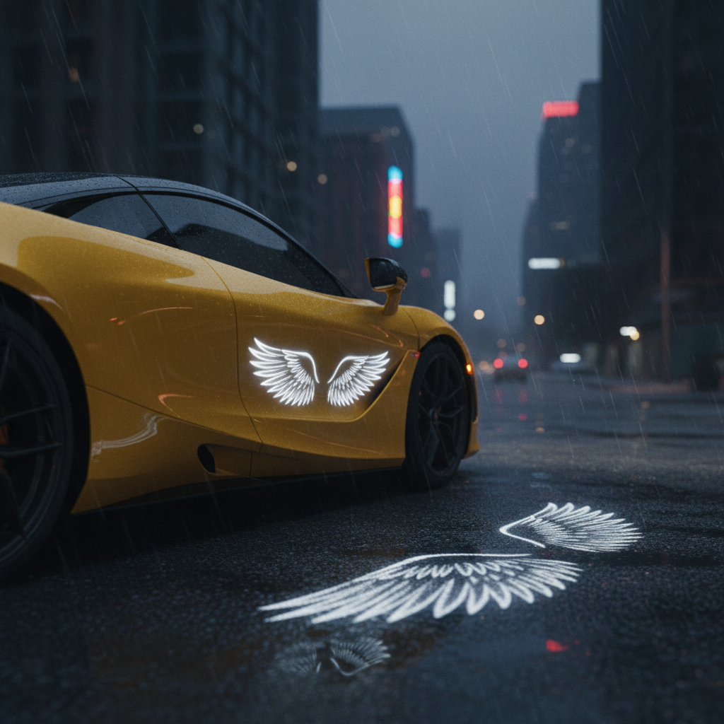 Luxury car with angel wings light projection on ground