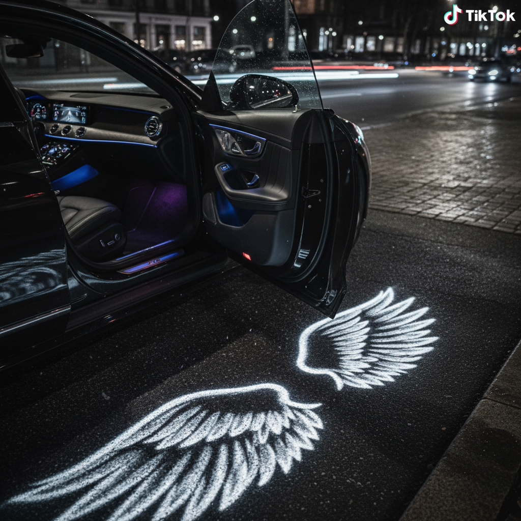Car door opening at night with angel wings light